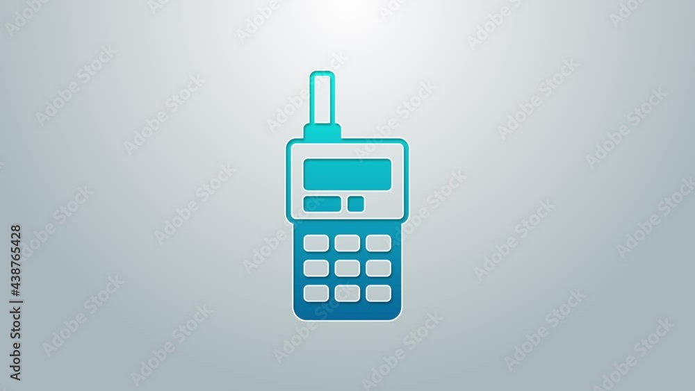 Blue line Walkie talkie icon isolated on grey background. Portable radio transmitter icon. Radio transceiver sign. 4K Video motion graphic animation Blue line Walkie talkie icon isolated on grey background. Portable radio transmitter icon. Radio transceiver sign. 4K Video motion graphic animation