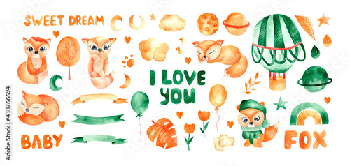 Watercolor set with a family of foxes. Children's illustration with foxes, a balloon, an inscription, hearts, twigs, clouds, flowers, rainbows, planets, the moon, leaves.