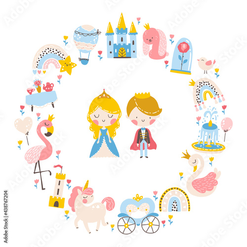 Princess template with animals and birds, unicorn, flamingo, swan. Castle, carriage, balloon. Lovely characters. Vector illustration in a simple cartoon hand-drawn Scandinavian style in a pastel.