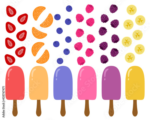 Vector collection of colorful ice cream of different flavors: strawberry, tangerine, blueberry, raspberry, blackberry, banana. Illustration on white background.