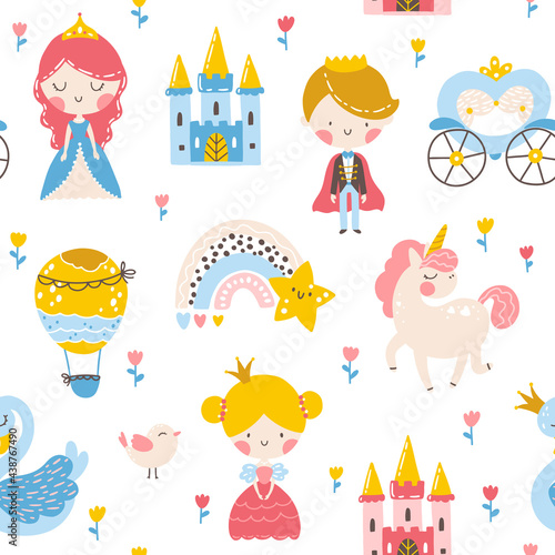 Princess seamless pattern with prince, unicorn, swan, castle and rainbow. Vector illustration of a girl in a fairy kingdom in a hand-drawn cartoon style. The pastel palette is ideal for baby clothes