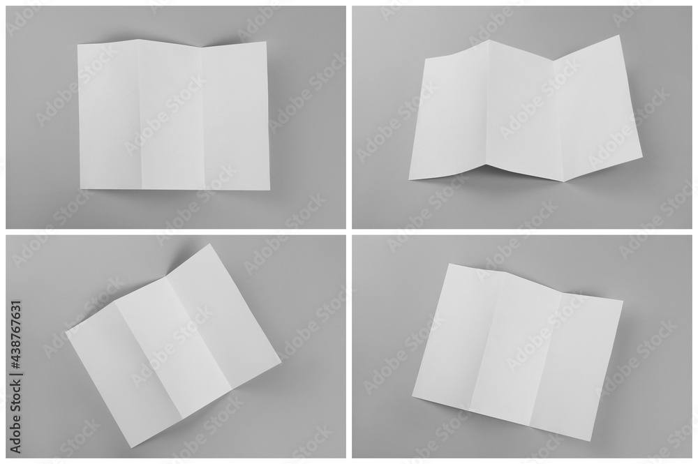 Open blank brochures on grey background, collage Open blank brochures on grey background, collage