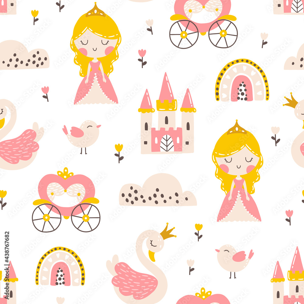 Princess seamless pattern with swan, castle, rainbow and flowers ...