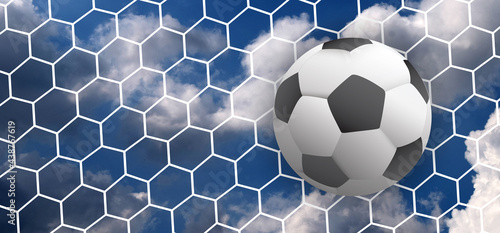 3D-illustration. Goal net texture for ball in goal with clouds. Soccer ball or football net pattern.  Blue sky background banner. wk, ek play model. Sport finale or school, sports. 2021 © MarkRademaker