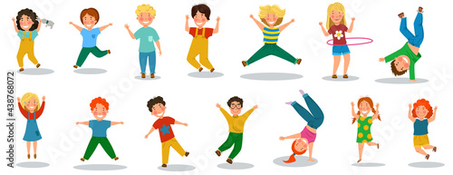 Happy children is a Day. A set of funny little kids who jump and rejoice.