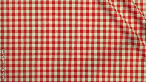 Texture of tablecloth with wavy fold, Checkered pattern and red tone, Cloth wallpaper background