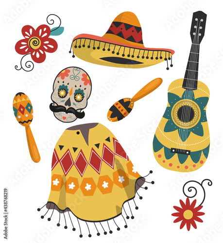 Mexican musical instruments, national poncho, skull and hat. National color paraphernalia with various patterns and colors. Isolated design elements on a white background. EPS10