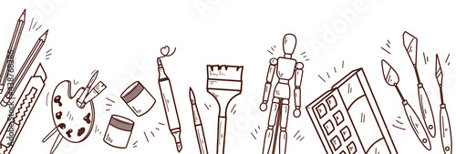 A set of tools for drawing and creating in a linear style. Working tools of the artist. Frame, border, design element. Contour vector image of art objects under a clipping mask. EPS10.