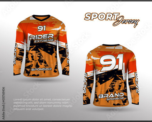 Long sleeve sports racing suit. Front back t-shirt design. Templates for team uniforms. Sports design for football, racing, cycling, gaming jersey. Vector.