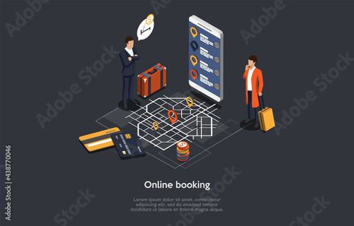 Vector Isometric Composition With Infographics. 3D Cartoon Style Illustration With Characters And Objects. Online Booking Concept. Client And Service Representative, Smartphone App, Map With GPS Card