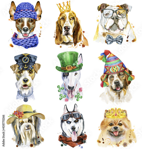 Fototapeta Naklejka Na Ścianę i Meble -  Set of watercolor portraits of dogs for decoration