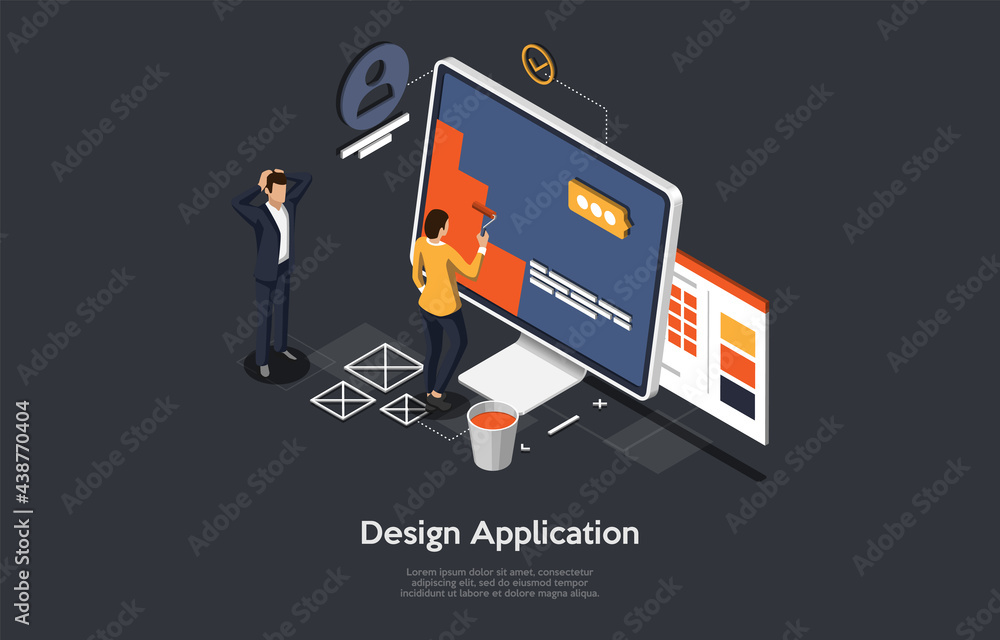 Application Design Development Process Concept Art. Cartoon 3D Style, Vector Isometric Composition. Program Making Step, UI Prototyping. People Standing Near Computer, Infographic Elements Around. Application Design Development Process Concept Art. Cartoon 3D Style, Vector Isometric Composition. Program Making Step, UI Prototyping. People Standing Near Computer, Infographic Elements Around.