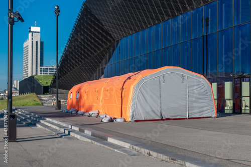 Katowice, Silesia, Poland; June 4, 2021: Mobile medical tent set up in front of the International Congress Centre during COVID 19 pandemic