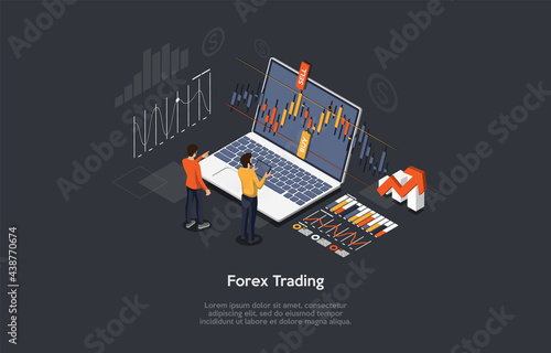 Composition With People And Objects On Dark Background. Vector Isometric Illustration, Cartoon 3D Style. Forex Trading Profession. Online Modern Prediction Business. Businessmen Standing Near Laptop.