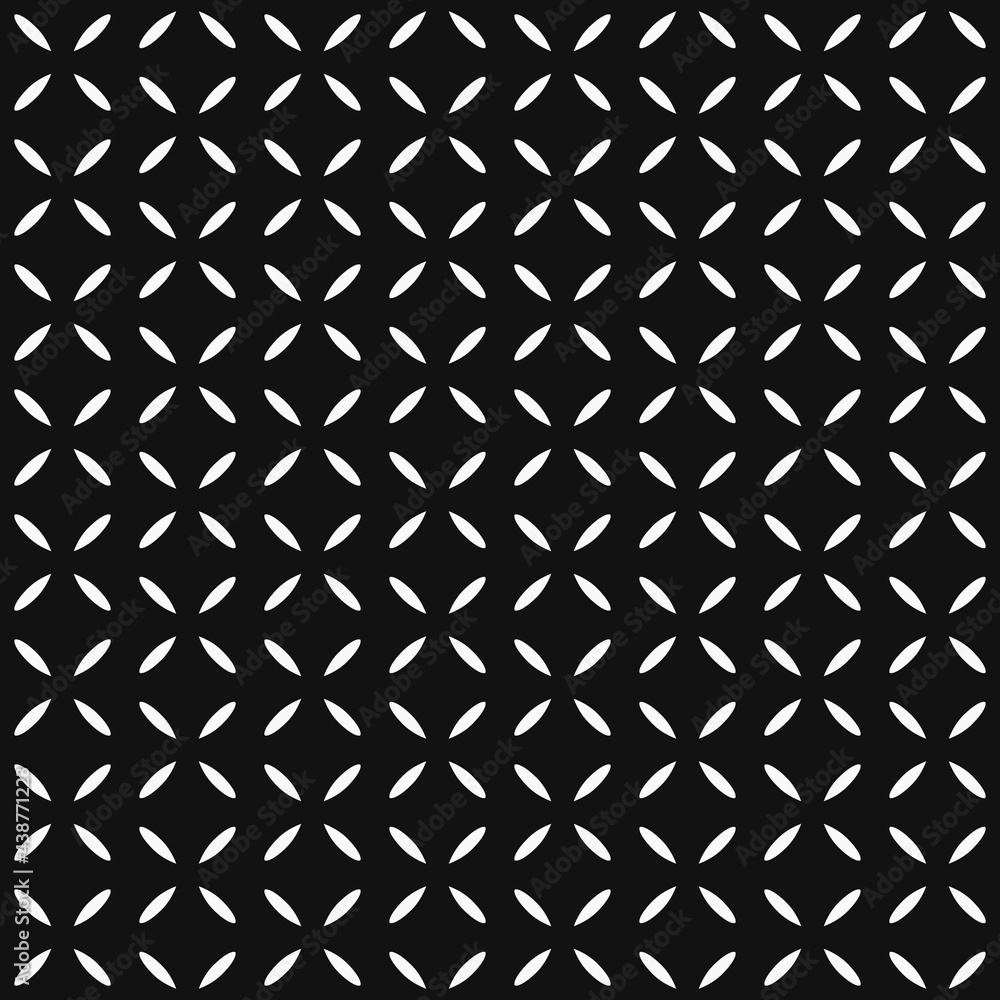 White four petals and black background. Seamless diagonal shapes. White four petals and black background. Seamless diagonal shapes.