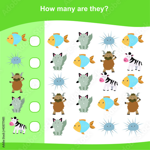 Counting game for Preschool Children. Educational printable math worksheet. Additional puzzles for kids. Vector illustration in cartoon style. Counting how many similar images. © idcreative.ddid