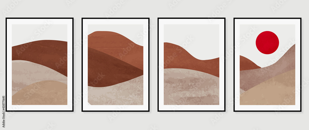 Fototapeta premium Mountain background wall art vector set. Sunrise and sunset with fog in mountains. Earth tones landscapes abstract arts wallpaper design for wall framed prints, canvas prints, poster and home decor.