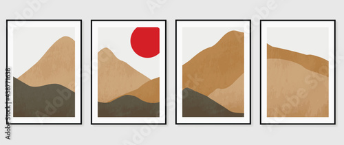 Mountain background wall art vector set. Sunrise and sunset with fog in mountains.  Earth tones landscapes abstract arts wallpaper design for wall framed prints, canvas prints, poster and home decor.