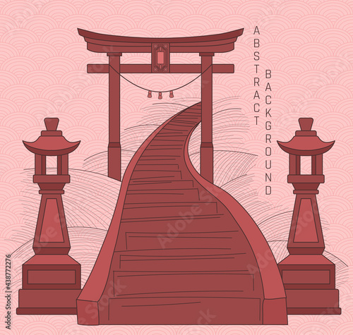 vector illustration of torii gate in brown and orange colour scheme with stairs