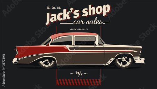 Classic car graphically, vector illustration. View from side with perspective.
