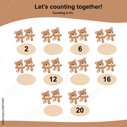 Counting bears game for Preschool Children. This worksheet is suitable for educating early age children to count multiples of two. Educational printable math worksheet. Additional worksheet for kids. 