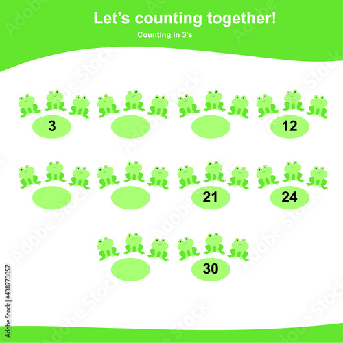 Counting frogs game for Preschool Children. This worksheet is suitable for educating early age children to count multiples of three. Educational printable math worksheet. Additional worksheet for kids