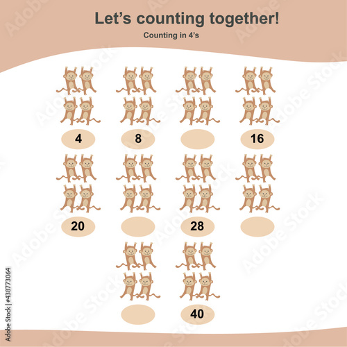 Counting monkeys game for Preschool Children. This worksheet is suitable for educating early age children to count multiples of four. Educational printable math worksheet. Additional worksheet for kid