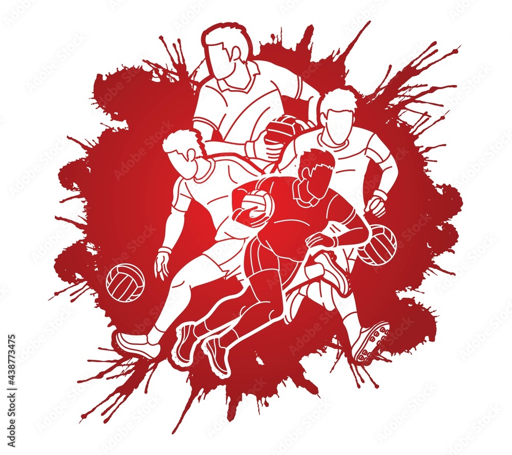 Group of Gaelic Football Male Players Sport Action Cartoon Graphic Vector