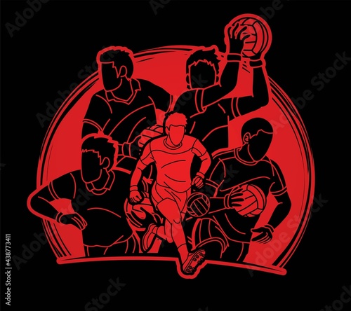 Group of Gaelic Football Male Players Sport Action Cartoon Graphic Vector