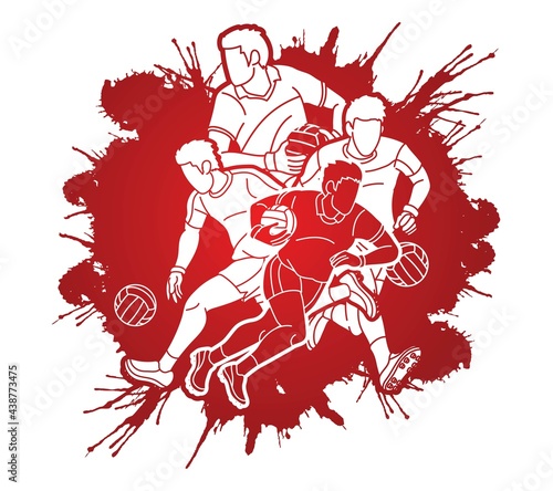 Group of Gaelic Football Male Players Sport Action Cartoon Graphic Vector