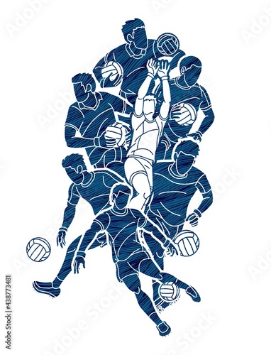 Group of Gaelic Football Male Players Sport Action Cartoon Graphic Vector