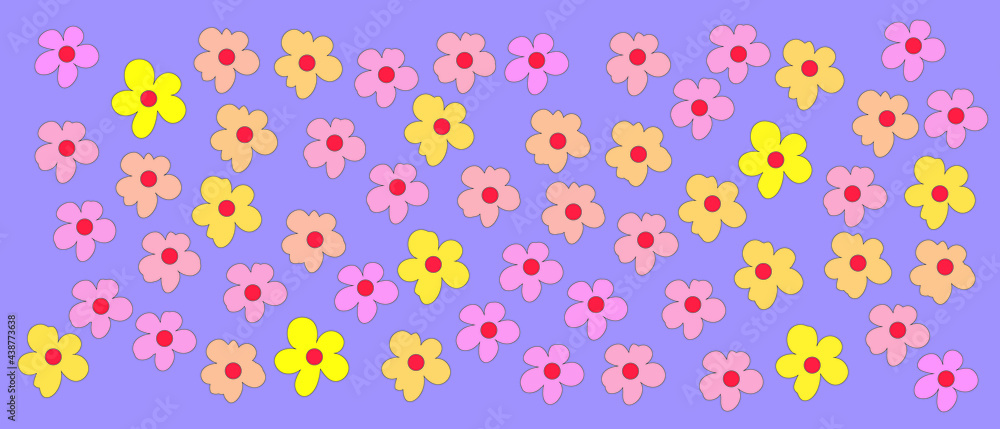 Fabric colorful nature pattern design. Vector flower playful summer illustration. Collection of cartoon hand drawn floral shapes, modern style. wall decoration, postcard, brochure cover design sketch.