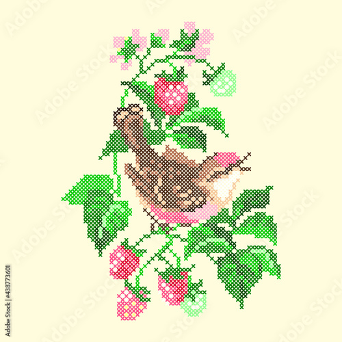 vector art embroidery bird and strawberries