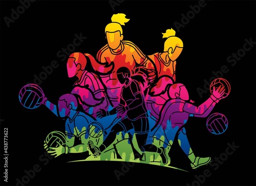 Group of Gaelic Football Female Players Sport Action Cartoon Graphic Vector