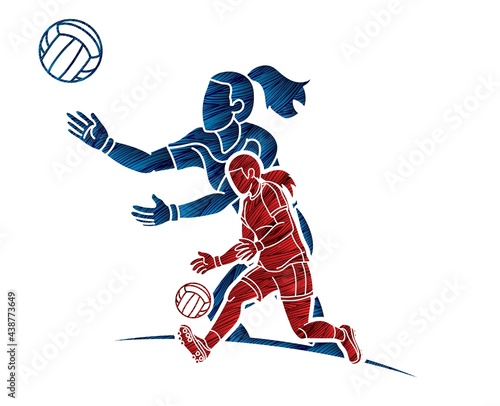 Group of Gaelic Football Female Players Sport Action Cartoon Graphic Vector