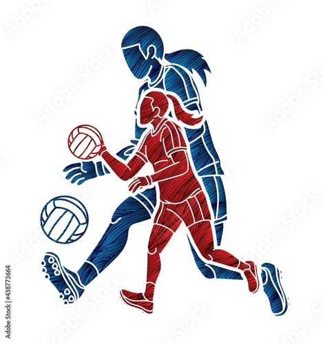 Group of Gaelic Football Female Players Sport Action Cartoon Graphic Vector