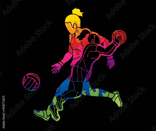 Group of Gaelic Football Female Players Sport Action Cartoon Graphic Vector