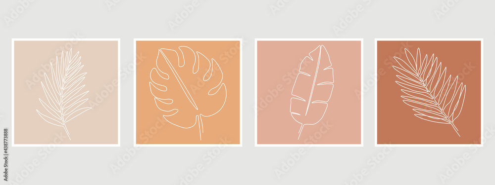 One line drawing of tropical palm leaves. Modern single line art. Abstract Plant Art design for print, cover, wallpaper, Minimal and natural wall art. One line drawing of tropical palm leaves. Modern single line art. Abstract Plant Art design for print, cover, wallpaper, Minimal and natural wall art.
