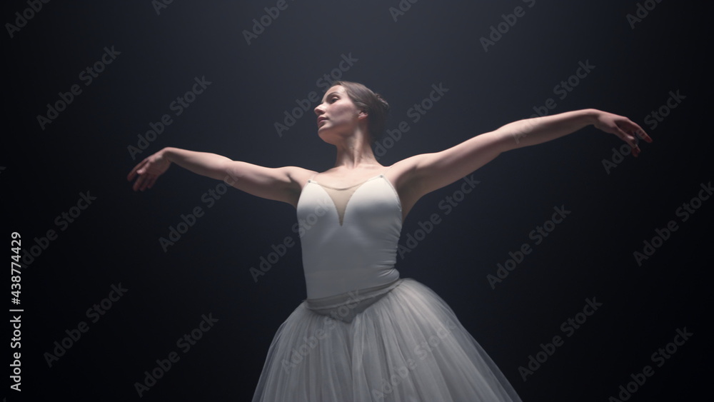 Pretty ballet dancer performing on stage. Flexible ballerina dancing indoors.