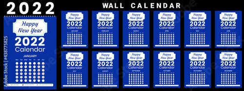 Printable calendar 2022, Wall calendar, week starts on monday, stationery design, organizer office, calendar 2022 with holidays, planner design, vector.