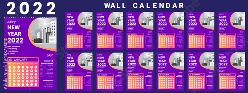 Printable calendar 2022, Wall calendar, week starts on monday, stationery design, organizer office, calendar 2022 with holidays, planner design, vector.