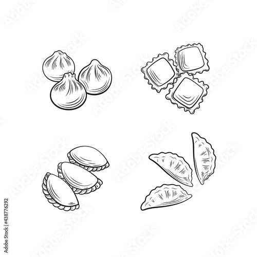Vector set of different dumplings, outline drawings, black line illustration isolated on white background.
