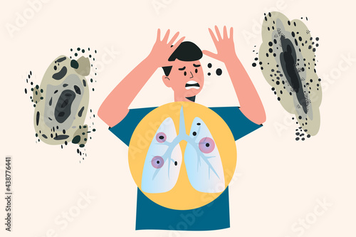 Human's lungs with fungi Aspergilloma Black mold colonies, allergenic black mildew spots, dark fungus colonies isolated, wall mouldiness, mustiness, rot. Flat vector illustration isolated on white