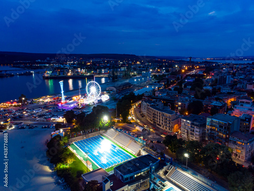 Aerial view of city Varna in Bulgaria. Summer holiday in Europe. Aerial evening photography, drone view.