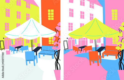 Travel to Europe vector. Restaurant, summer cafe, summer terrace. Europe travel poster illustration. Italian wine in the summer, restaurants, street food. Gastronomic tours for travelers.