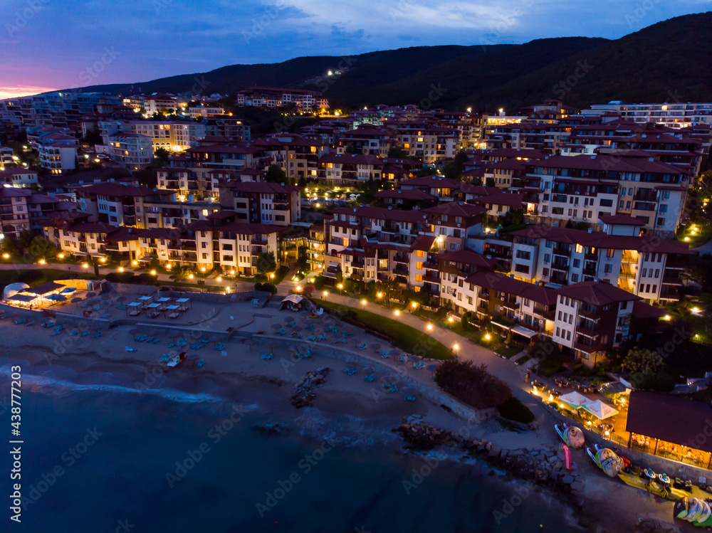 Panoramic view of the hotels of Sveti Vlas in Bulgaria. Summer holiday in Europe. Aerial evening photography, drone view.