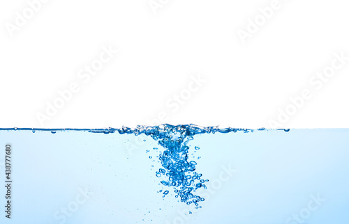 Light blue water wave with air bubbles and a little bit splashed underwater, studio shot isolated on white background. The abstract clean surface on liquid