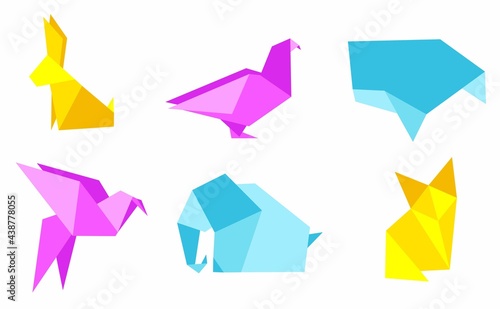 Set of multicolored origami animals in flat style. Vector illustration isolated on white background.