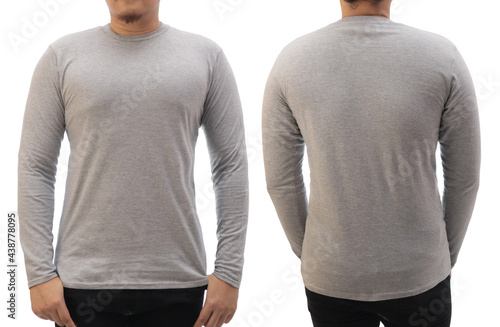 Blank long sleeved shirt mock up template, front and back view, Asian man wear plain grey t-shirt isolated on white. Tee design mockup presentation