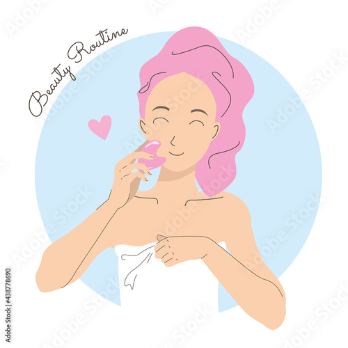 Beauty girl in a towel after shower take care of her skin using pink quartz stone facial massager. Skincare routine procedure with gua sha face massage scraper. Cartoon flat vector illustration.